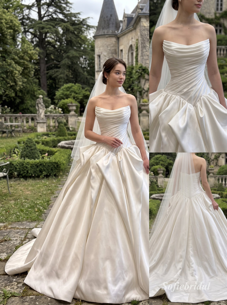 White Heavy Satin Strapless Ruched Bodice Ball Gown Wedding Dress With Dramatic Bow & Sweep Train,SFWD0114