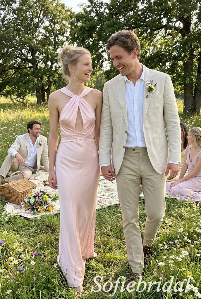 Blush Satin Twisted Halter Keyhole Cross Back Midi Column Bridesmaid Dress,PD1345