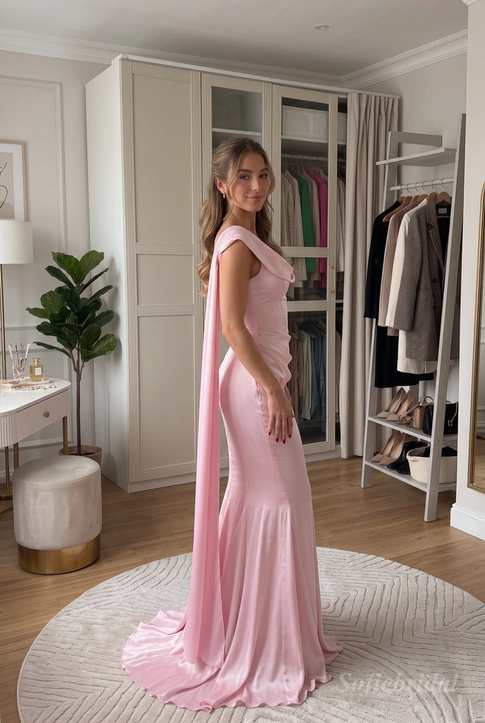 Pink Satin Draped Cowl Neck Spaghetti Strap Mermaid Evening Dress With Long Streamers,PD13863