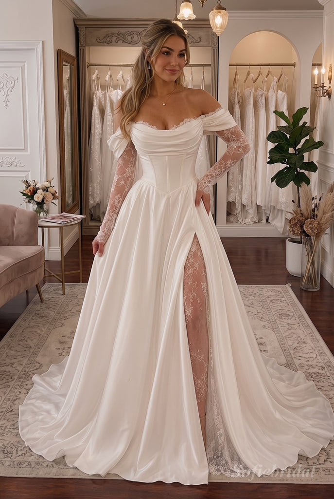 White Heavy Satin Sweetheart Corset Structured Bodice Ball Gown Wedding Dress With Sweep Train,SFWD0110