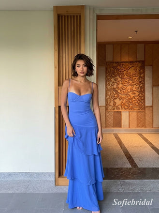 Cornflower Blue Chiffon Spaghetti Strap Sweetheart Maxi Gown With Fitted Bodice & Asymmetrical Tiered Ruffle Skirt, PD13879