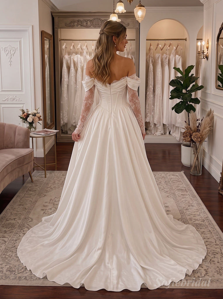 White Heavy Satin Sweetheart Corset Structured Bodice Ball Gown Wedding Dress With Sweep Train,SFWD0110