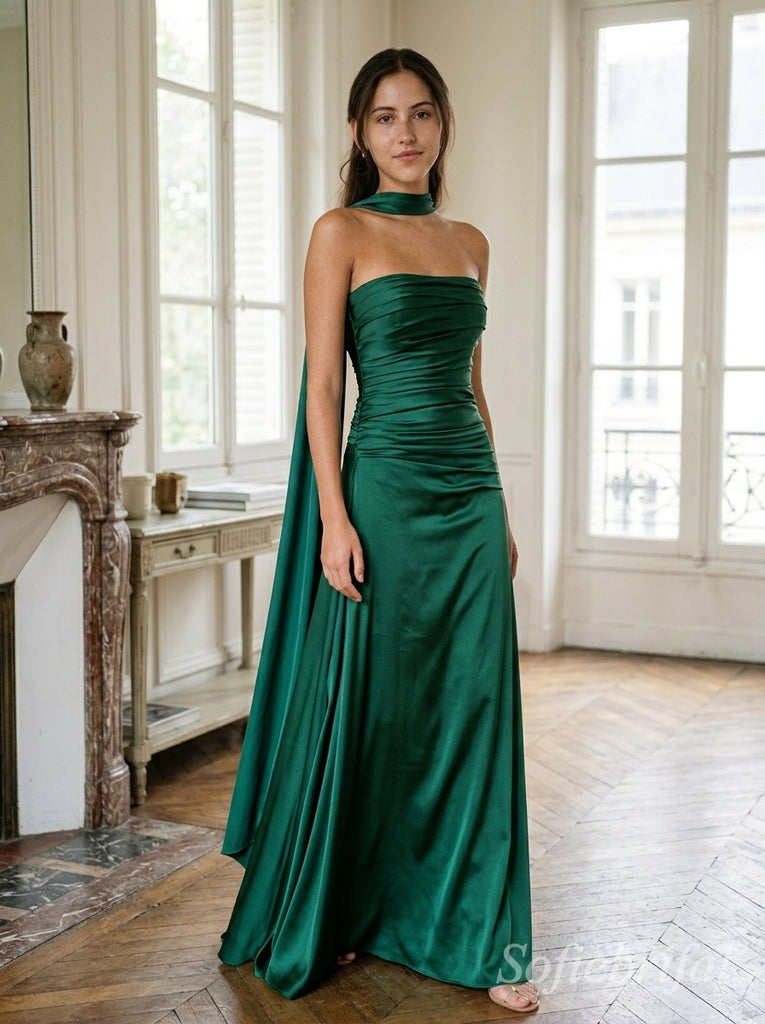 Multi-Color mismatched Satin Halter Sash Strapless Tube Ruched Bodice Floor Length Sheath Bridesmaid Dress ,SFWG00725