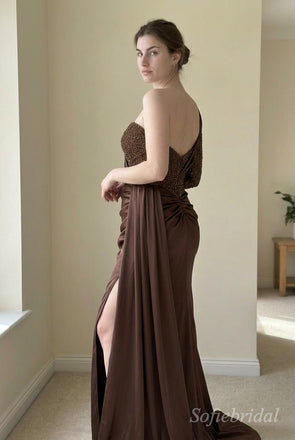 Chocolate One-Shoulder Beaded Satin Gown | Hand-Embellished Sparkle Sleeve, High Slit & Train Dress,PD1373