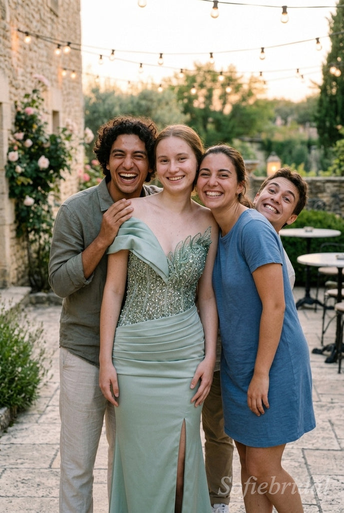 Sage Green Satin Off The Shoulder Draped Ruffle Beaded Mermaid High Slit Floor Length Prom Dress,PD1375