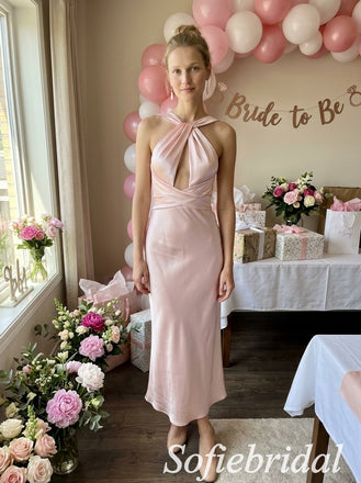 Blush Satin Twisted Halter Keyhole Cross Back Midi Column Bridesmaid Dress,PD1345