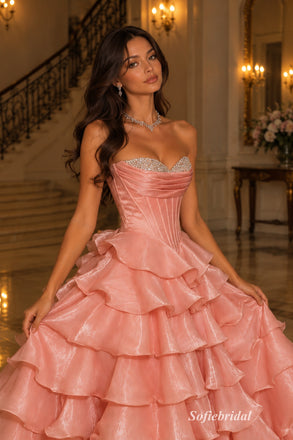 Dusty Rose Strapless Sweetheart Corset Bodice Tiered Ruffled Ball Gown Floor Length Evening Dress,PD13854