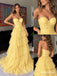 Pale Yellow Glitter Tulle Strapless Sweetheart Gown With Boned Corset Bodice & Tiered Ruffle Skirt, PD13881