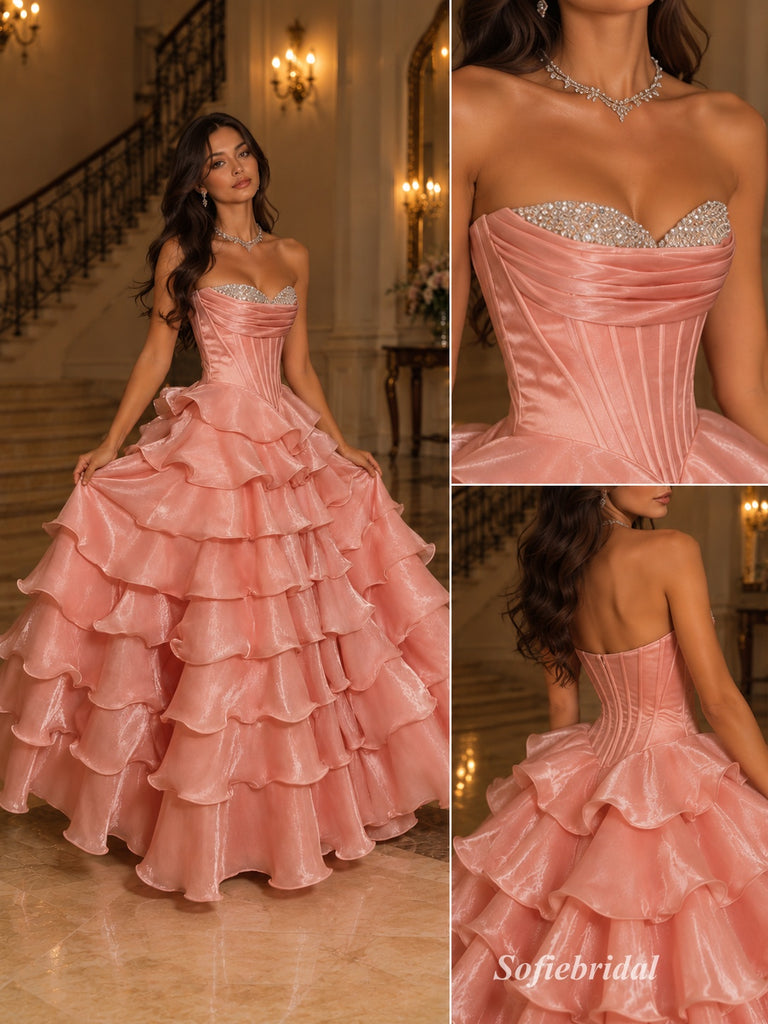 Dusty Rose Strapless Sweetheart Corset Bodice Tiered Ruffled Ball Gown Floor Length Evening Dress,PD13854