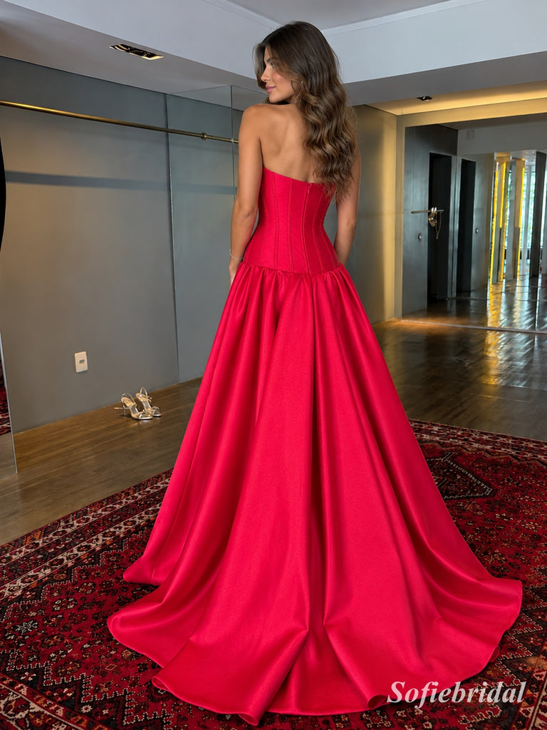 Red Satin Strapless Tube Top Ball Gown With Boned Corset Bodice & Voluminous Flared Skirt, PD13877
