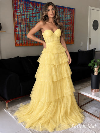 Pale Yellow Glitter Tulle Strapless Sweetheart Gown With Boned Corset Bodice & Tiered Ruffle Skirt, PD13881