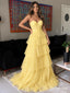 Pale Yellow Glitter Tulle Strapless Sweetheart Gown With Boned Corset Bodice & Tiered Ruffle Skirt, PD13881