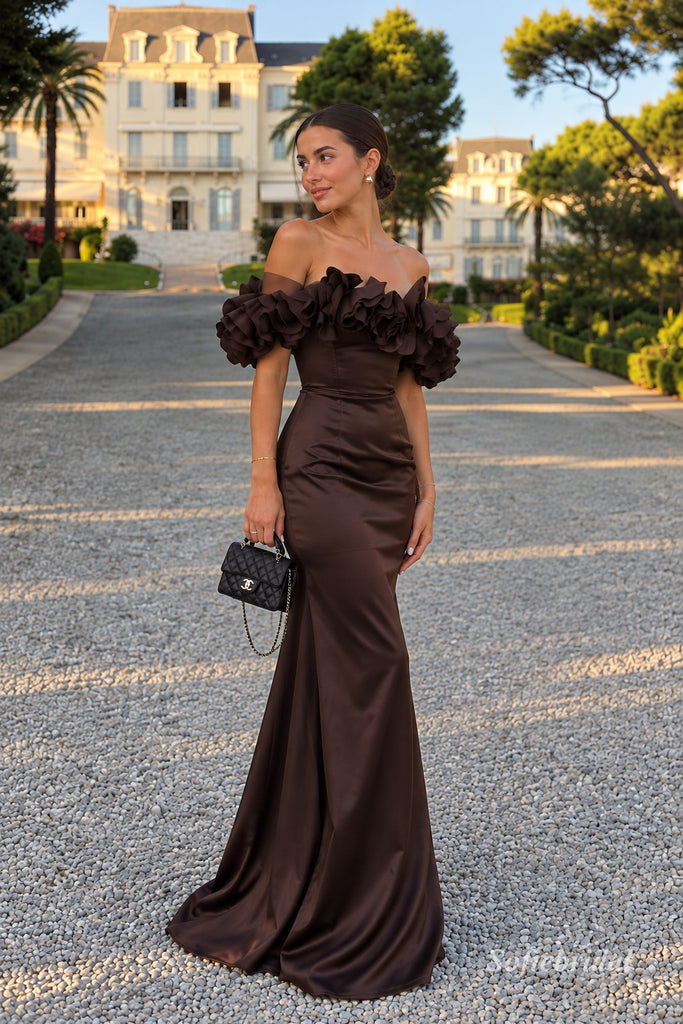 Dark Brown Satin Off-the-Shoulder Mermaid Gown With 3D Ruffle & Lace-Up Back, PD13872