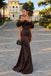 Dark Brown Satin Off-the-Shoulder Mermaid Gown With 3D Ruffle & Lace-Up Back, PD13872