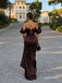 Dark Brown Satin Off-the-Shoulder Mermaid Gown With 3D Ruffle & Lace-Up Back, PD13872