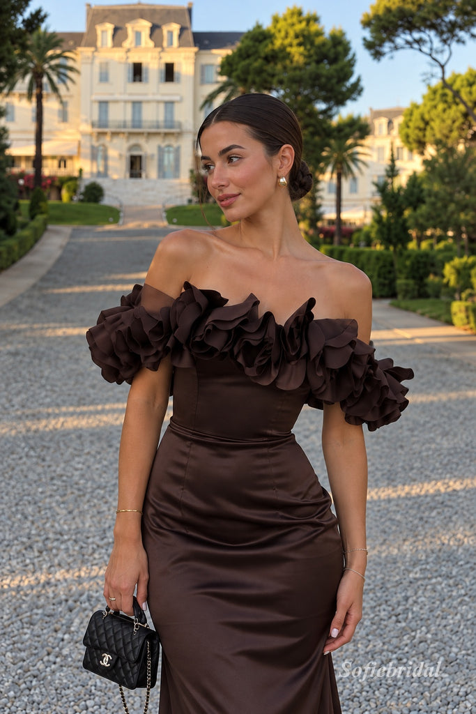 Dark Brown Satin Off-the-Shoulder Mermaid Gown With 3D Ruffle & Lace-Up Back, PD13872
