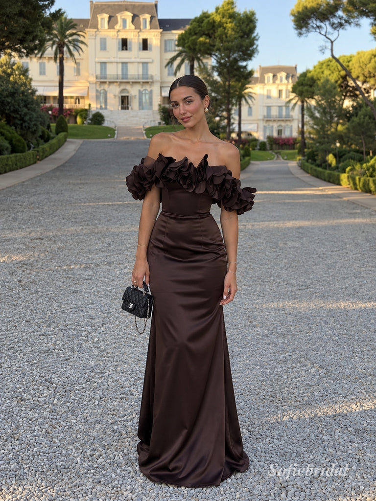 Dark Brown Satin Off-the-Shoulder Mermaid Gown With 3D Ruffle & Lace-Up Back, PD13872