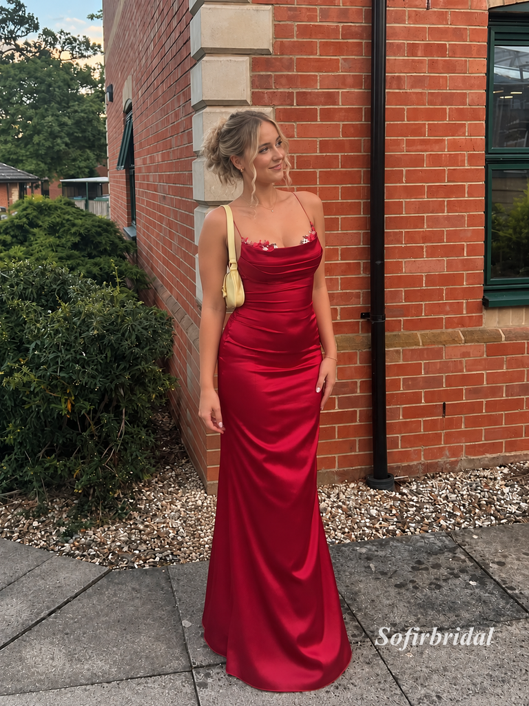 Burgundy Spaghetti Strap Satin Mermaid Gown, Ruched Back Formal Prom Dress, PD13939