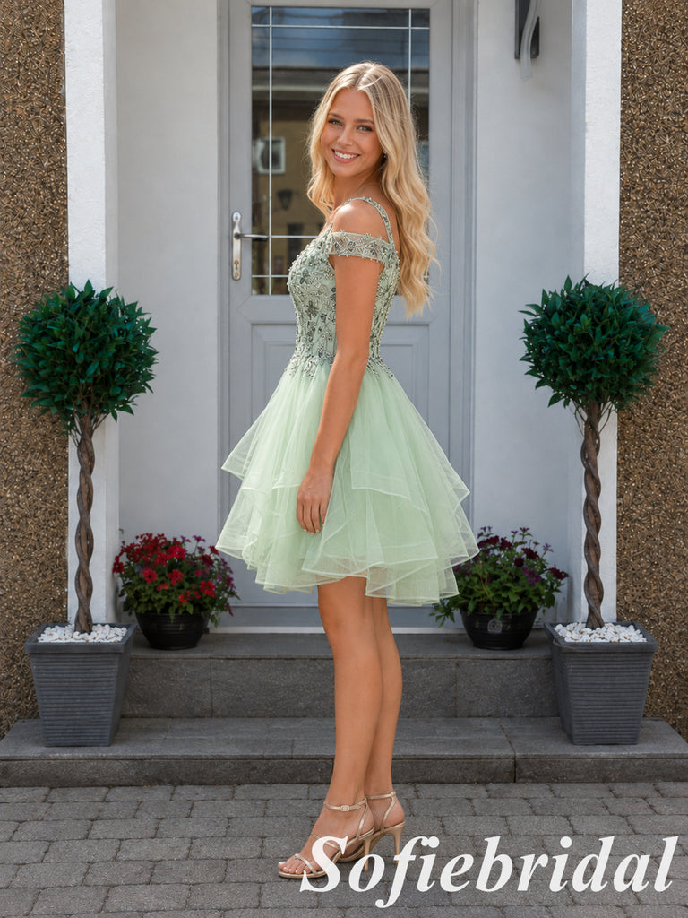Sage Green Tulle Embroidered Off Shoulder Mini Homecoming Dress, HD0368