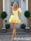 Lemon Yellow Tulle Puffy Ruffle Off Shoulder Mini Homecoming Dress, HD0370