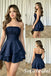Navy Blue Strapless Satin Tiered Short A-Line Homecoming Dress, HD0325