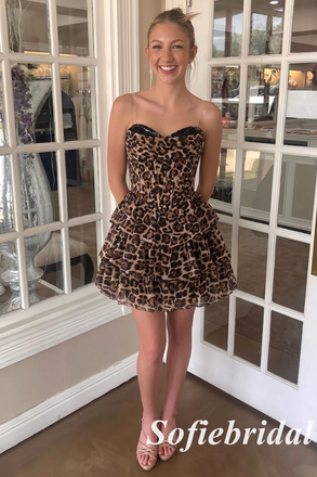 Strapless Leopard Print Chiffon Tiered Short A-Line Homecoming Dress, HD0330