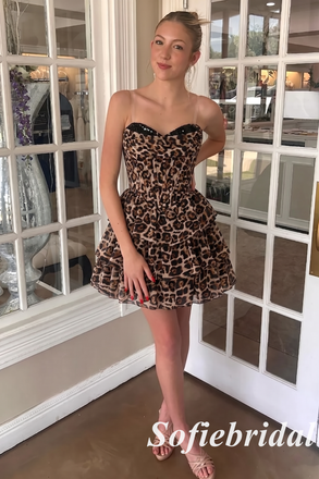 Strapless Leopard Print Chiffon Tiered Short A-Line Homecoming Dress, HD0330