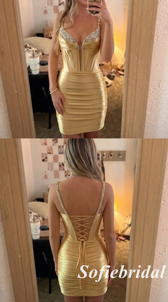 Spaghetti Strap Gold Satin Beaded Bodycon Short Homecoming Dress, HD0329