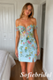 Light Blue Floral Lace Off Shoulder Homecoming Dress with Split, HD0342