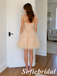 Peach Tulle Homecoming Dress with Floral Embroidery and Bow Straps, HD0344