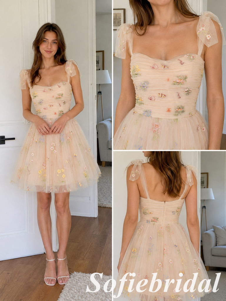 Peach Tulle Homecoming Dress with Floral Embroidery and Bow Straps, HD0344