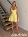 Lemon Yellow Crepe Halter Tiered Mini Dress Square Neck Flared Party Dress, HD0361