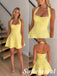 Lemon Yellow Crepe Halter Tiered Mini Dress Square Neck Flared Party Dress, HD0361
