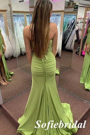 Sexy Soft Satin Spaghetti Straps Sleeveless Lace Up Back Mermaid Floor Length Prom Dress, PD01053