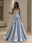 Light Blue Strapless Bow Satin A-Line Dress, Tube Top Floor Length Formal Gown,PD13909