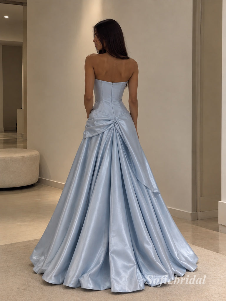 Light Blue Strapless Bow Satin A-Line Dress, Tube Top Floor Length Formal Gown,PD13909