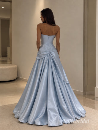 Light Blue Strapless Bow Satin A-Line Dress, Tube Top Floor Length Formal Gown,PD13909