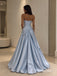 Light Blue Strapless Bow Satin A-Line Dress, Tube Top Floor Length Formal Gown,PD13909
