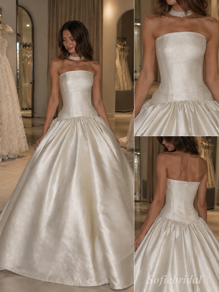 White Jacquard Satin Strapless Square Neck Structured Bodice Ball Gown Floor Length Wedding Dress, SFWD0104