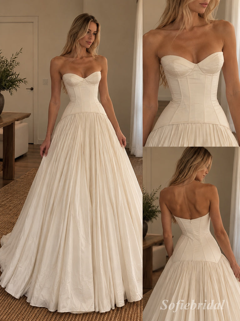 White Mikado Satin Strapless Sweetheart Neck Structured Corset Bodice Pleated Skirt Ball Gown Floor Length Bridal Dress, SFWD0100