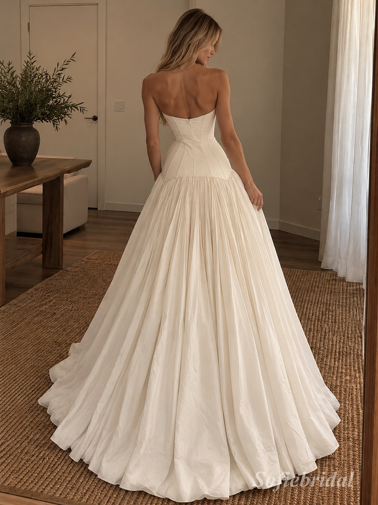 White Mikado Satin Strapless Sweetheart Neck Structured Corset Bodice Pleated Skirt Ball Gown Floor Length Bridal Dress, SFWD0100