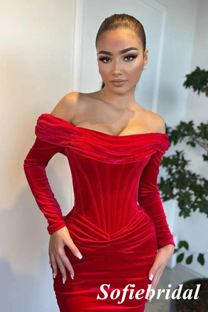 Sexy Rust Velvet Off Shoulder Long Sleeves Mermaid Long Prom Dresses, PD0962