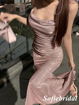 Sexy Shiny Spaghetti Straps Sleeveless Mermaid Floor Length Prom Dress, PD01086