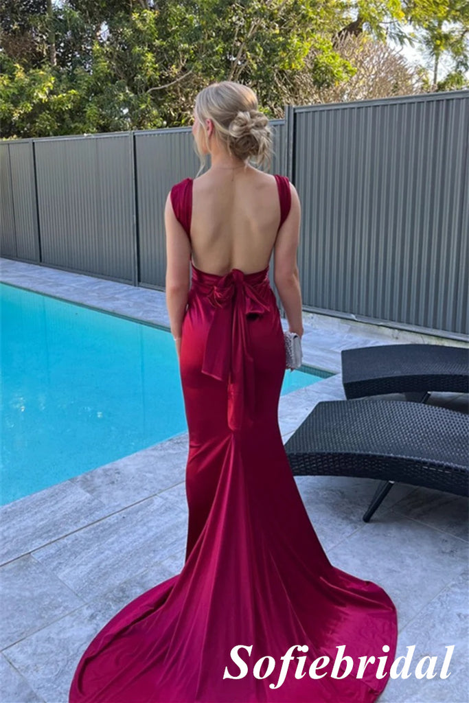 Sexy Soft Satin Spaghetti Straps Sleeveless Mermaid Maxi Prom Dress, PD01132