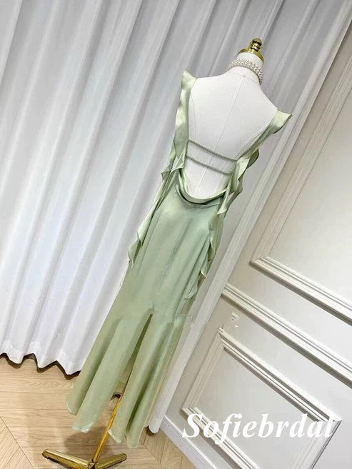 Sexy Sage Soft Satin Spaghetti Straps Sleeveless Open Back Mermaid Long Prom Dress, PD01011