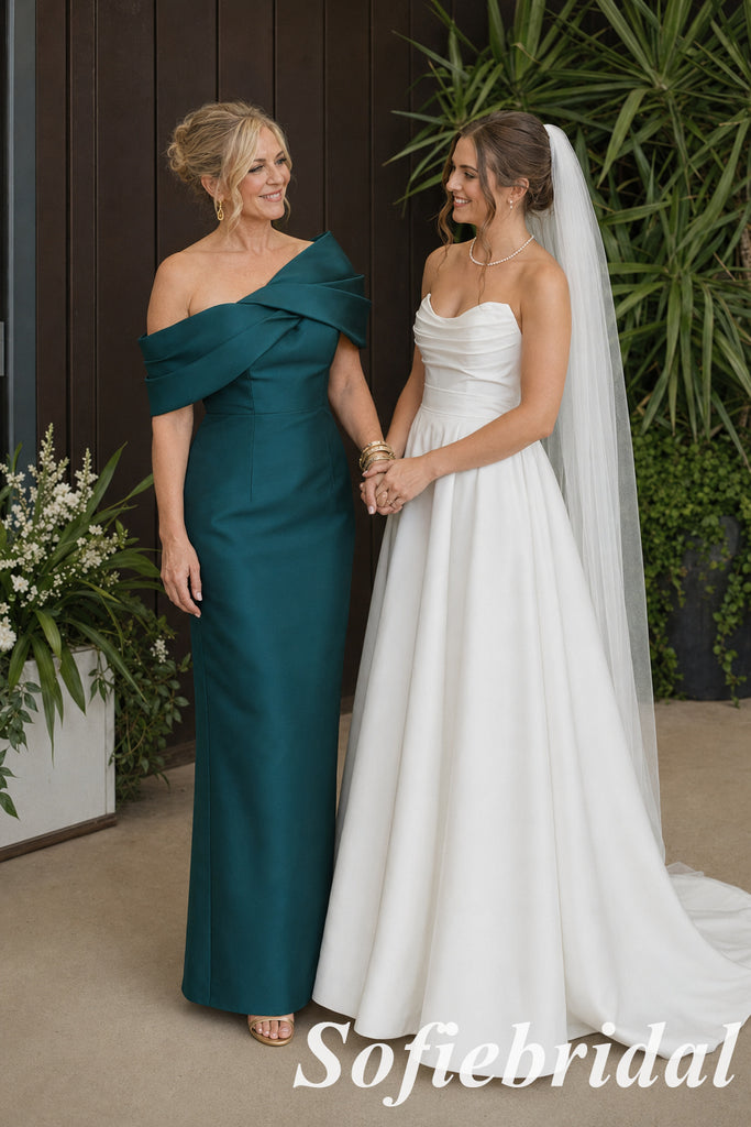 Sophisticated Teal Satin Draped Off Shoulder Maxi Mother Of The Bride Dress, SFM019