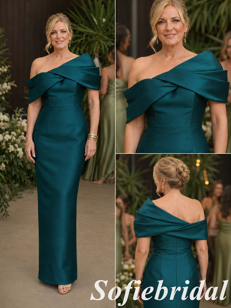 Sophisticated Teal Satin Draped Off Shoulder Maxi Mother Of The Bride Dress, SFM019