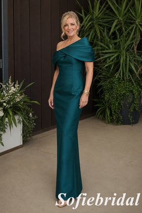 Sophisticated Teal Satin Draped Off Shoulder Maxi Mother Of The Bride Dress, SFM019