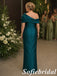 Sophisticated Teal Satin Draped Off Shoulder Maxi Mother Of The Bride Dress, SFM019
