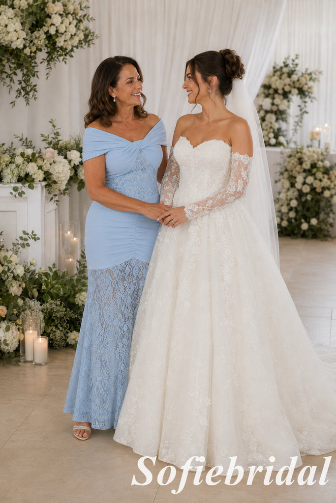 Romantic Pale Blue Chiffon Lace Fitted Formal Mother Of The Bride Gown, SFM020
